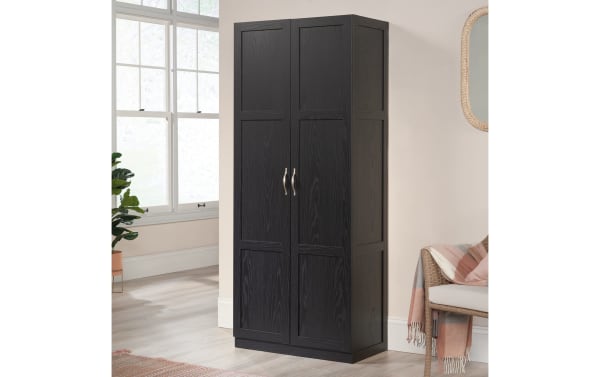 Bella Black 2 Door Storage Cabinet in transitional style, engineered wood grain, black finish, with four adjustable shelves and silver handles.