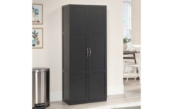 Bella Black 2 Door Storage Cabinet in black engineered wood grain with transitional style, featuring four adjustable shelves for versatile storage.