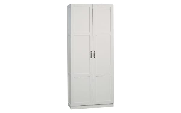 Bella White 2 Door Storage Cabinet in contemporary style with metal and particle board, featuring four adjustable shelves and sleek silver handles.