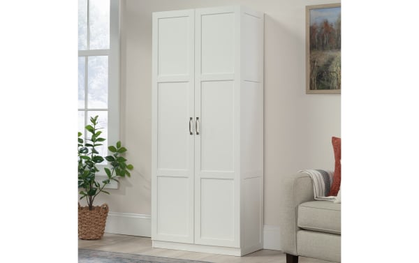 Bella White 2 Door Storage Cabinet in contemporary style, made of metal and particle board, with four adjustable shelves and sleek silver handles.