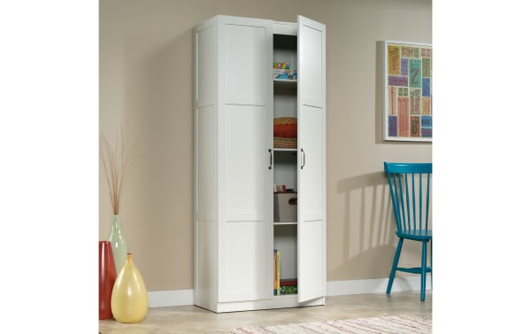 Bella White 2 Door Storage Cabinet in contemporary style, made of metal and particle board, with adjustable shelves for versatile storage.
