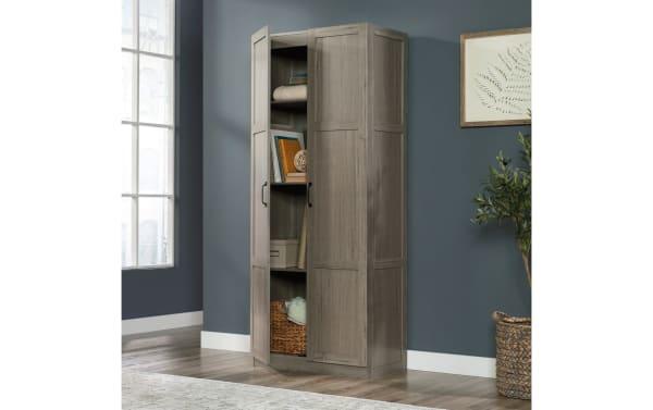 Bella Gray 2 Door Storage Cabinet in rustic gray particle board and metal, featuring four adjustable shelves for versatile storage in home or office.
