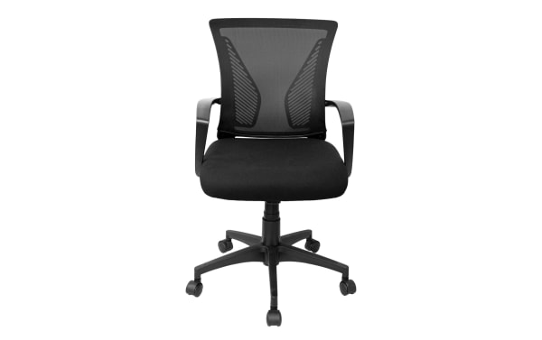 Jett Black Adjustable Office Chair with breathable mesh back, padded foam seat, black nylon 5-star swivel base, and smooth caster wheels for home office comfort.