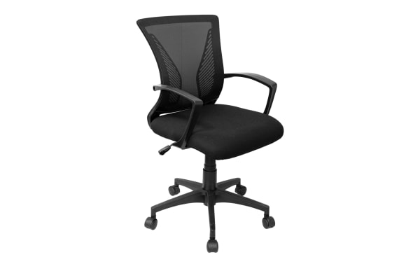 Jett Black Adjustable Office Chair with breathable mesh back, padded fabric seat, 5-star swivel base, and caster wheels for smooth mobility.