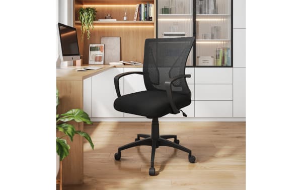 Jett Black Adjustable Office Chair with breathable mesh back, padded foam seat, black nylon 5-star swivel base, and caster wheels for smooth mobility.