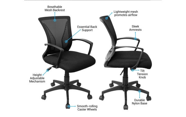 Jett Black Adjustable Office Chair in black transitional style with breathable mesh backrest, padded seat, sleek armrests, height adjustable mechanism, tilt tension knob, smooth-rolling caster wheels, and durable nylon 5-star swivel base for ergonomic home office comfort.