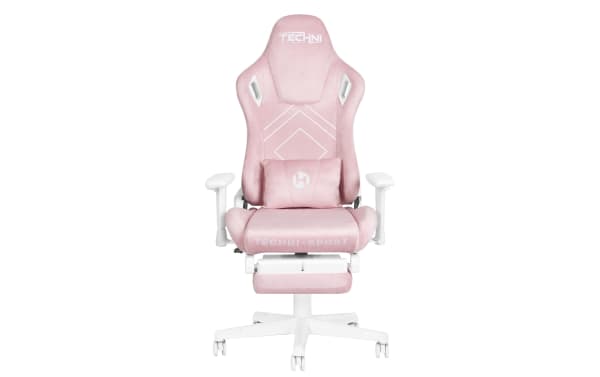 Aria Pink Gaming Chair in pink and white fabric with nylon and steel frame, featuring ergonomic memory foam, adjustable armrests, reclining backrest, headrest, lumbar cushion, and fold-away footrest for comfort and style.