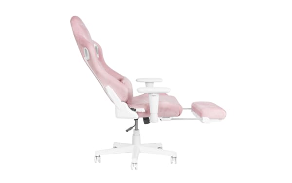 Aria Pink Gaming Chair in pink and white fabric with nylon and steel frame, featuring ergonomic memory foam seat, adjustable armrests, reclining backrest, and fold-away footrest for comfort and style.