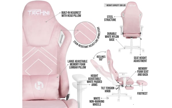 Aria Pink Gaming Chair by Techni Sport features stain-resistant velvet-like pink fabric, white nylon base, steel frame, adjustable memory foam lumbar pillow, built-in headrest, height-adjustable padded arms, reclining backrest up to 150°, tilt tension knob, white non-marking wheels, and fold-away footrest.