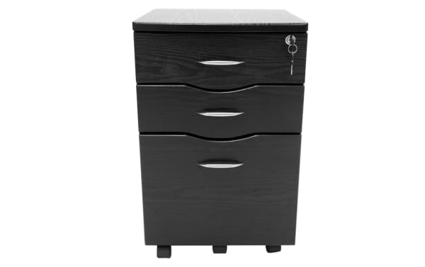 Ayan Black 2 Drawer File Cabinet in transitional style, made of sturdy MDF with black moisture laminate veneer, featuring two drawers, silver handles, lock, and five rolling casters for home office organization.