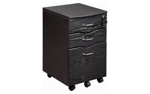 Ayan Black 2 Drawer File Cabinet in transitional style, made of sturdy MDF with black moisture laminate veneer, featuring two drawers and a hanging file drawer on five rolling casters.