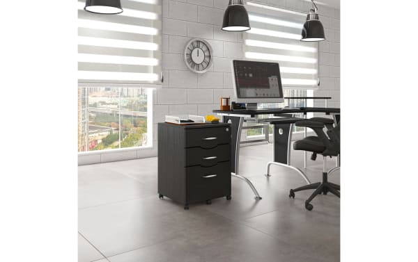 Ayan Black 2 Drawer File Cabinet in transitional style, made of sturdy MDF with moisture laminate veneer, featuring two drawers and rolling casters for home office use.