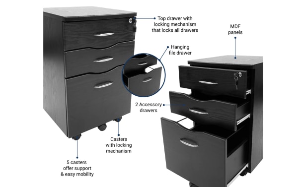 Ayan Black 2 Drawer File Cabinet in transitional style with sturdy MDF panels, moisture laminate veneer, locking top drawer, hanging file drawer, two accessory drawers, and five rolling casters for mobility.