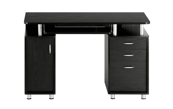 Jenny Black 2 Drawer Desk in transitional style with black MDF laminate surface, power-coated steel legs, keyboard tray, storage cabinet, and two drawers.