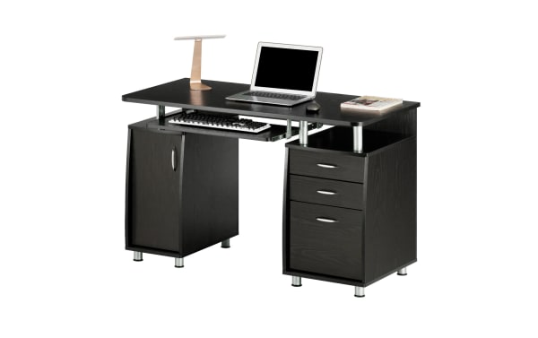 Jenny Black 2 Drawer Desk in transitional style with black laminate MDF surface, power-coated steel legs, keyboard tray, storage cabinet, and file drawers.