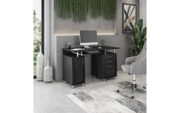 Jenny Black 2 Drawer Desk in transitional style with black MDF, laminate surface, power-coated steel legs, keyboard tray, storage cabinet, and file drawers.