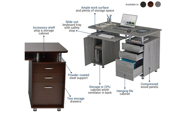 Jenny Black 2 Drawer Desk in transitional style with gray MDF, powder-coated steel, laminate surface, slide-out keyboard tray, accessory shelf, two storage drawers, hanging file cabinet, and ventilated CPU storage.
