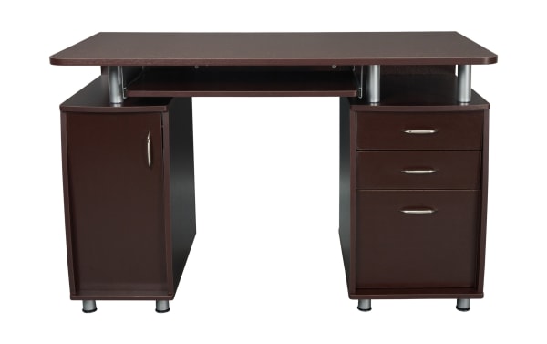 Jenny Cherry 2 Drawer Desk in dark cherry laminate with MDF, power-coated steel legs, keyboard panel, storage cabinet, and file drawers.