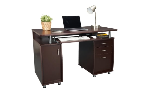 Jenny Cherry 2 Drawer Desk in dark brown transitional style with MDF, laminate, steel; features keyboard tray, storage cabinet, two drawers, cable management.