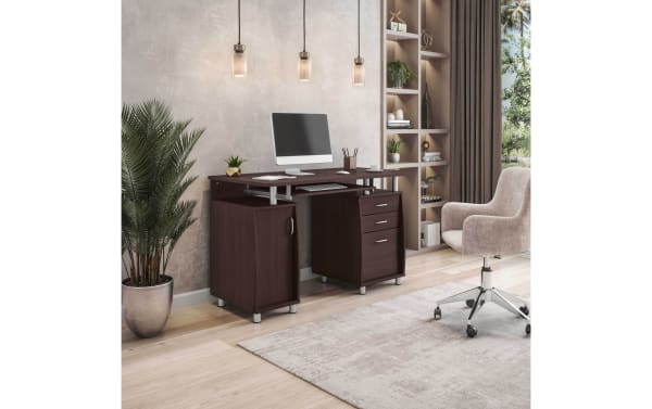 Transitional Jenny Cherry 2 Drawer Desk in dark wood laminate with MDF, power-coated steel legs, keyboard tray, storage cabinet, and file drawers.