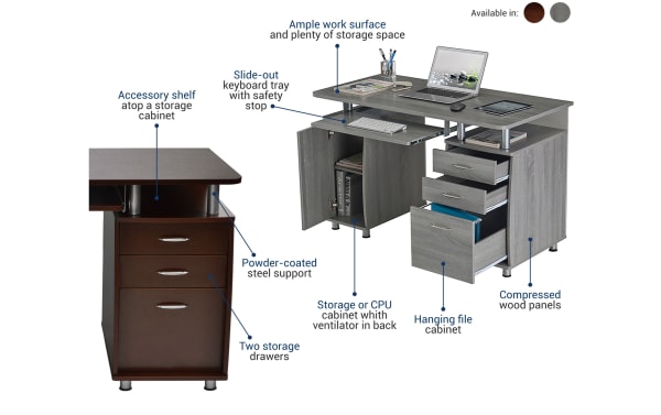 Jenny Cherry 2 Drawer Desk in transitional style with gray laminate MDF, powder-coated steel supports, ample workspace, slide-out keyboard tray, accessory shelf, two storage drawers, hanging file cabinet, and ventilated CPU storage.