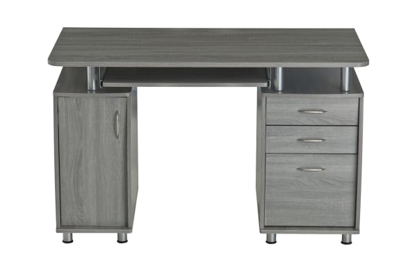 Jenny Gray 2 Drawer Desk in transitional style with gray laminate MDF surface, power-coated steel legs, keyboard tray, storage cabinet, and two drawers.