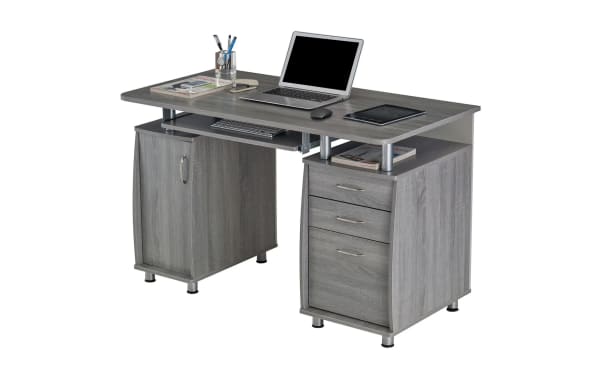 Jenny Gray 2 Drawer Desk in transitional style with gray laminate MDF, power-coated steel legs, keyboard tray, storage cabinet, and two drawers.
