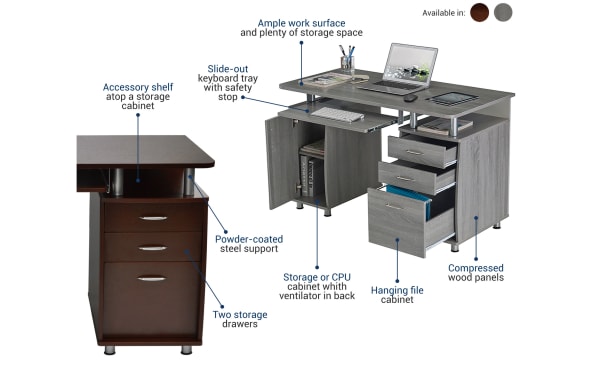 Jenny Gray 2 Drawer Desk in transitional style with gray or brown laminate MDF, powder-coated steel supports, accessory shelf, slide-out keyboard tray, two storage drawers, hanging file cabinet, and ventilated CPU cabinet for organized workstation.