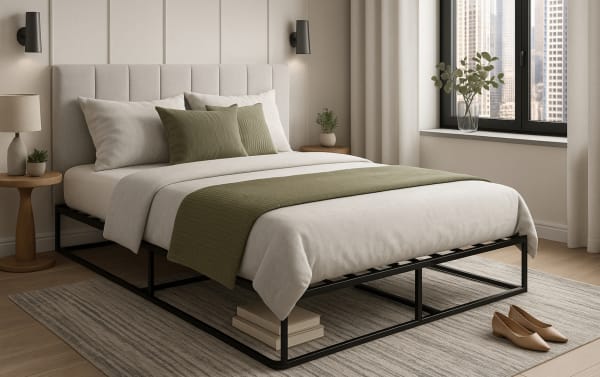 Transitional Rhode II Full Metal Bed Frame in black iron with sturdy slat system, raised profile for storage, supporting mattress without box spring.