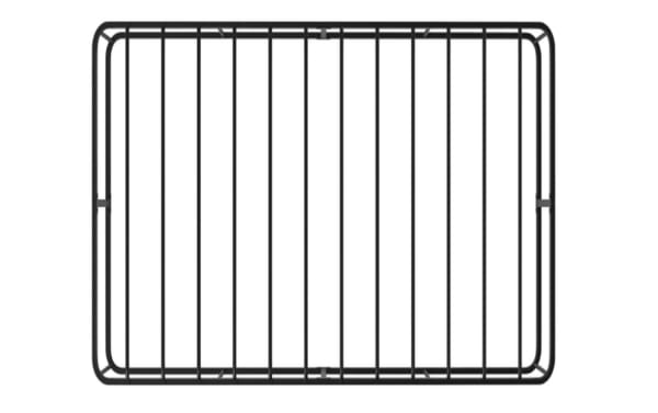 Rhode II Queen Metal Bed Frame with black iron slat system, sturdy transitional design for mattress support without box spring, raised for storage.