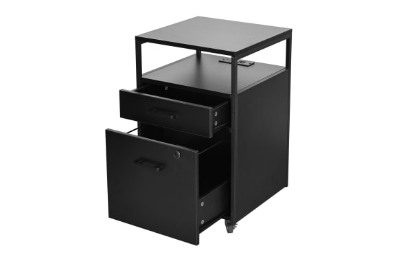 Contemporary Arabella Black 2 Drawer File Cabinet with particle board, steel frame, nylon casters, built-in USB port, and power outlet for device charging.