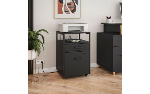 Contemporary Arabella Black 2 Drawer File Cabinet with particle board, steel, and nylon construction, featuring built-in USB port and power outlet.