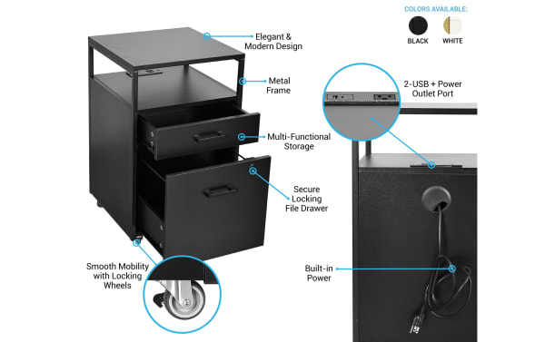 Arabella Black 2 Drawer File Cabinet with contemporary particle board and steel frame, nylon locking wheels, built-in USB and power outlet, multi-functional storage, and secure locking file drawer for office or home use.