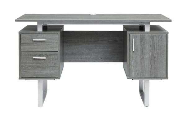 Contemporary Avalon Gray 2 Drawer Desk with MDF wood, steel legs, floating top, large workspace, file cabinet, and sleek metal handles.