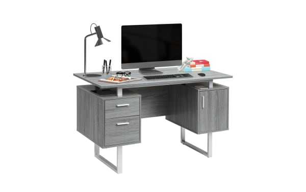 Contemporary Avalon Gray 2 Drawer Desk with floating MDF top, steel track legs, file cabinet, and spacious workspace for home office organization.