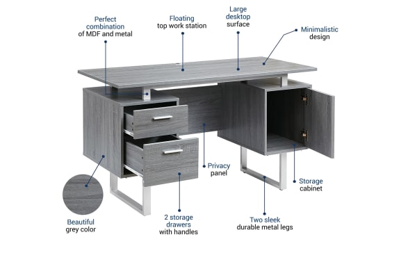 Avalon Gray 2 Drawer Desk in contemporary style, featuring MDF and steel construction, floating top workstation, large grey desktop, two storage drawers, file cabinet, privacy panel, and sleek metal legs for durable home office organization.