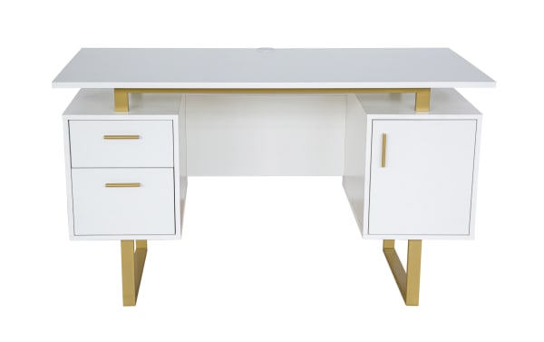 Contemporary Avalon White & Gold 2 Drawer Desk with MDF top, steel legs, floating workstation, two drawers, and file cabinet for organized home office.