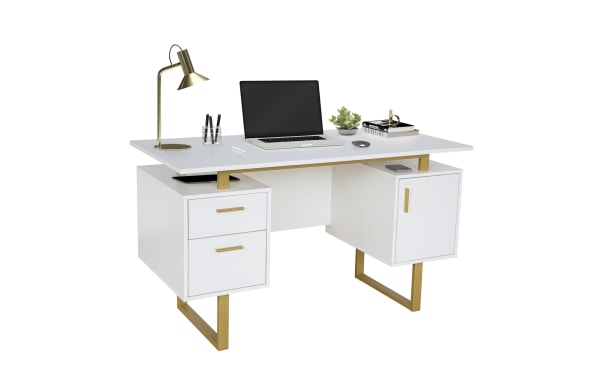Contemporary Avalon White & Gold 2 Drawer Desk with MDF floating top, steel gold legs, file cabinet, and large workspace for home office.
