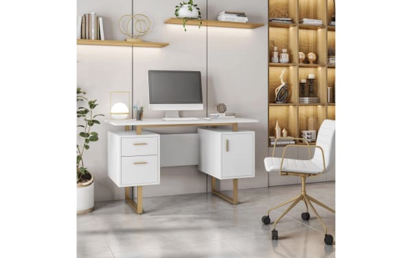 Contemporary Avalon White & Gold 2 Drawer Desk with MDF top, steel track legs, floating surface, file cabinet, and storage drawers for home office organization.