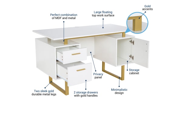 Avalon White & Gold 2 Drawer Desk with contemporary style, MDF and steel materials, floating white top, gold metal legs, two gold-handle drawers, and storage cabinet for home office organization.