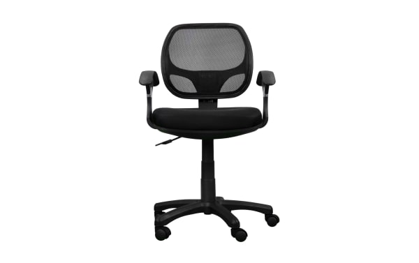 Josephine Black Adjustable Office Chair with breathable black mesh back, contoured polyester fabric seat, padded armrests, and pneumatic height adjustment.
