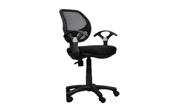 Josephine Black Adjustable Office Chair with breathable black mesh back, contoured polyester fabric seat, nylon base, and padded armrests in transitional style.