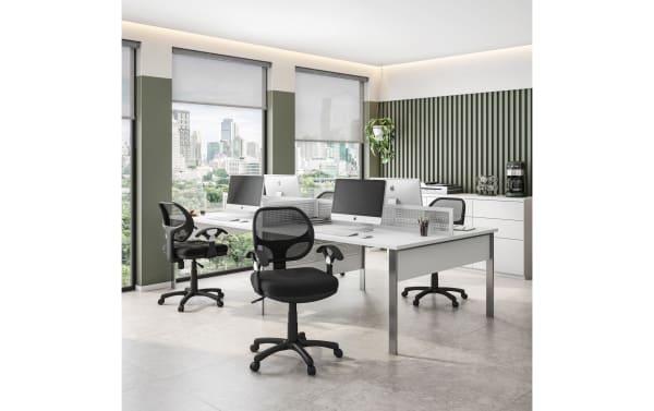 Josephine Black Adjustable Office Chair with breathable mesh back, contoured polyester fabric seat, nylon base, and ergonomic armrests in a modern office setting.
