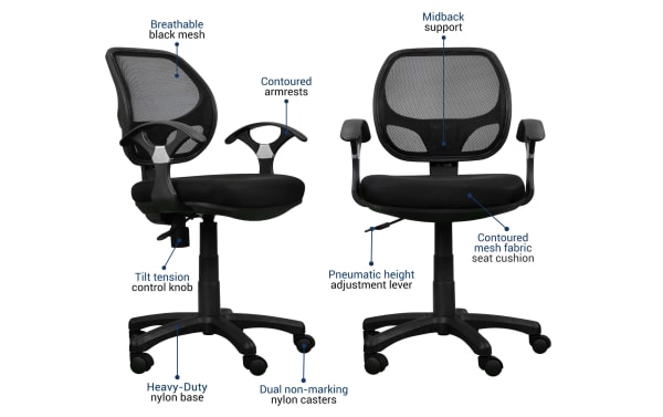 Josephine Black Adjustable Office Chair with breathable black mesh back, contoured polyester fabric seat cushion, nylon base, and ergonomic armrests. Features pneumatic height adjustment, tilt tension control, and dual non-marking nylon casters in a sleek transitional style.