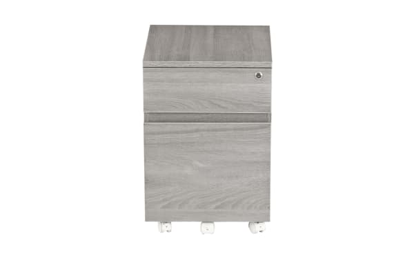 Eleanor Gray transitional 2-drawer file cabinet in gray MDF with moisture-resistant laminate, locking top drawer, and five double wheel casters for mobility.