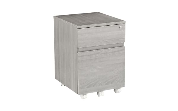 Transitional Eleanor Gray 2-drawer file cabinet in gray MDF with moisture-resistant laminate, lockable top drawer, and five double wheel casters for mobility.