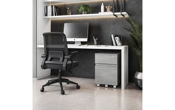 Transitional Eleanor Gray 2 Drawer File Cabinet in gray MDF with moisture laminate finish, locking top drawer, and five double wheel casters for secure, mobile office storage.