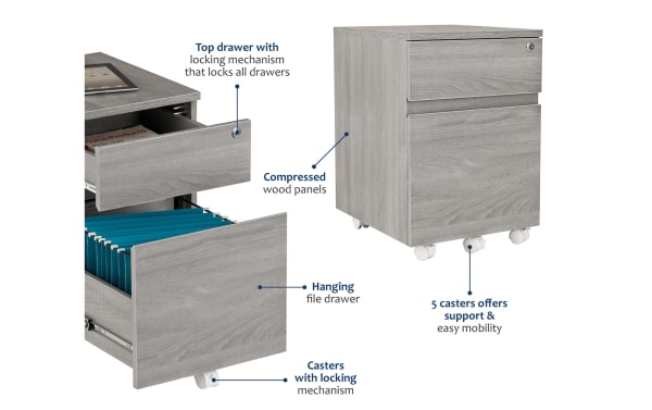 Eleanor Gray 2 Drawer File Cabinet in gray MDF with moisture laminate veneer, featuring a locking top drawer, hanging file drawer, and five locking casters for mobility.