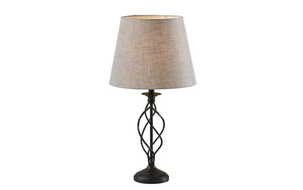 Mirza Gray & Black Table Lamp with gray linen fabric shade and black steel open spiral-shaped base, contemporary style lighting fixture