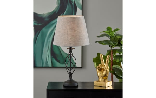 Contemporary Mirza Gray & Black Table Lamp with steel open spiral base and gray linen fabric shade, ideal for modern home decor lighting.